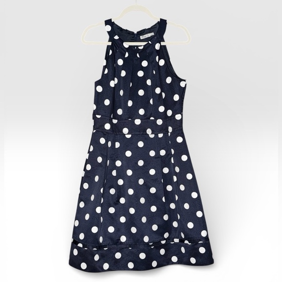 Eliza J Navy White Polka Dot Sleeveless Fit & Flare Dress Pleated Skirt Size 14 - Picture 4 of 6